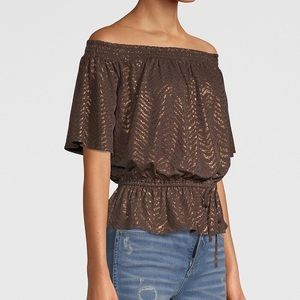 White House Black Market NWT Jersey Knit Off Shoulder Brown Gold L